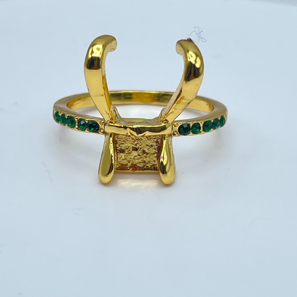 First Thor Gold-Tone Green Glass Beads Loki Helmet-Inspired Ring Size 8